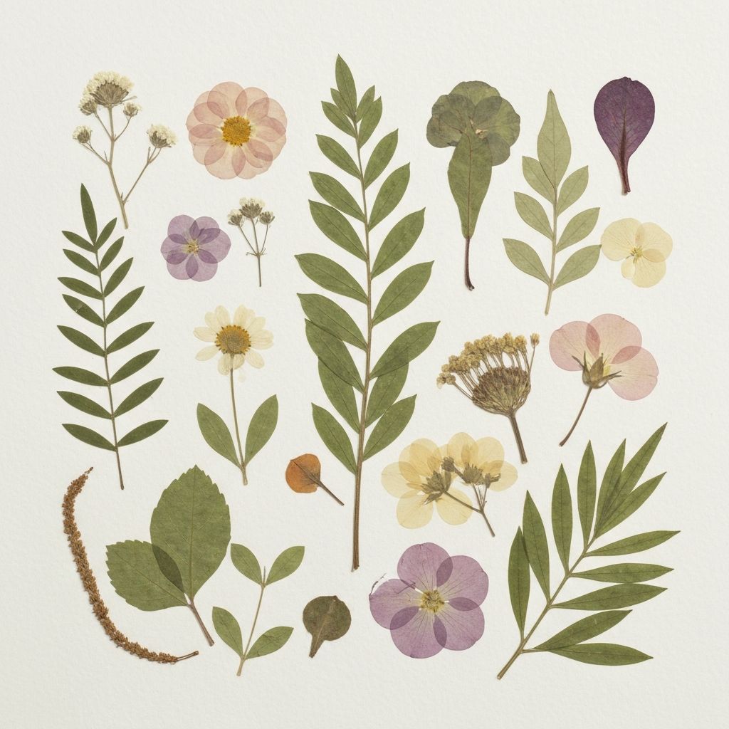 Elemen botani alami, bunga pressed dan daun